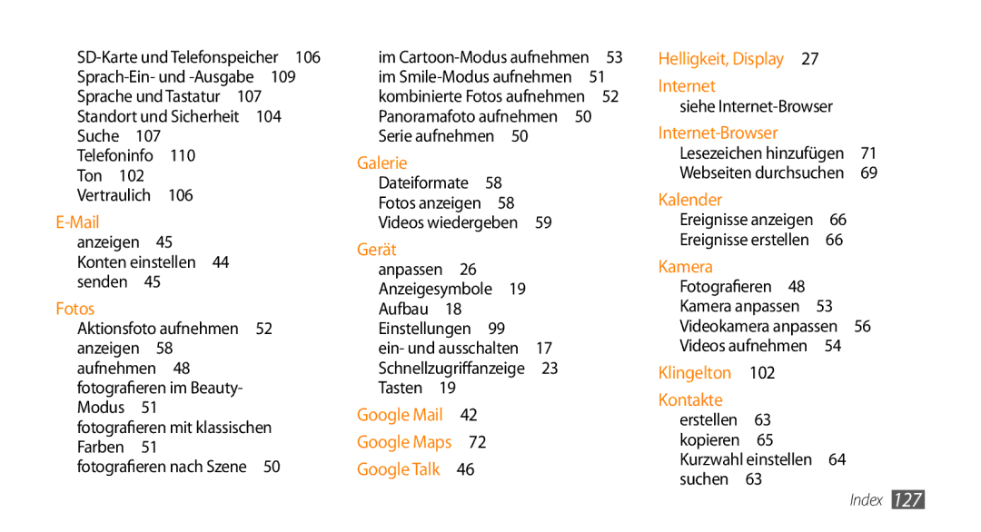 Samsung GT-I9010XKADBT manual 104, 107, 106, Konten einstellen , Erstellen 63 kopieren 65 Kurzwahl einstellen 64 suchen  